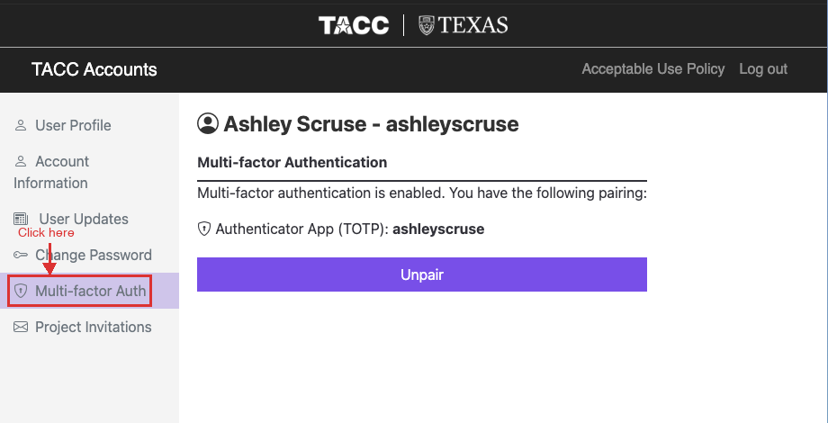 TACC Accounts sidebar — Multi-factor Auth